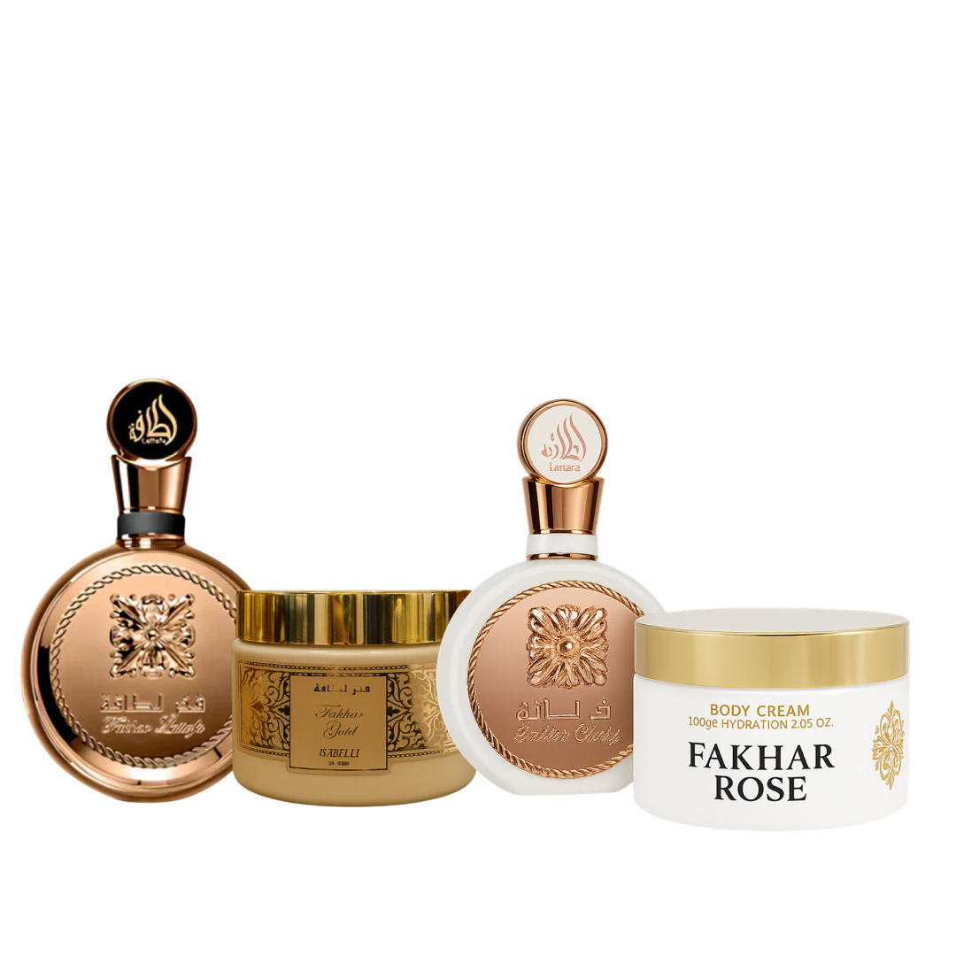 Fakhar Gold Extrait EDP 100ml + Pasta Fakhar Gold 200g + Fakhar Rose EDP 100ML + Pasta Fakhar Rose 200g